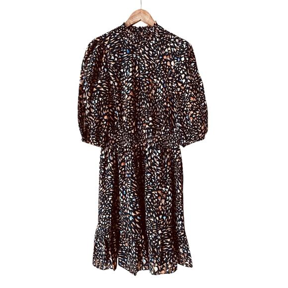 Nanette Lepore Dress Size 10 Smocked Waist Black Neutral Print Cottagecore Chic - Picture 1 of 6